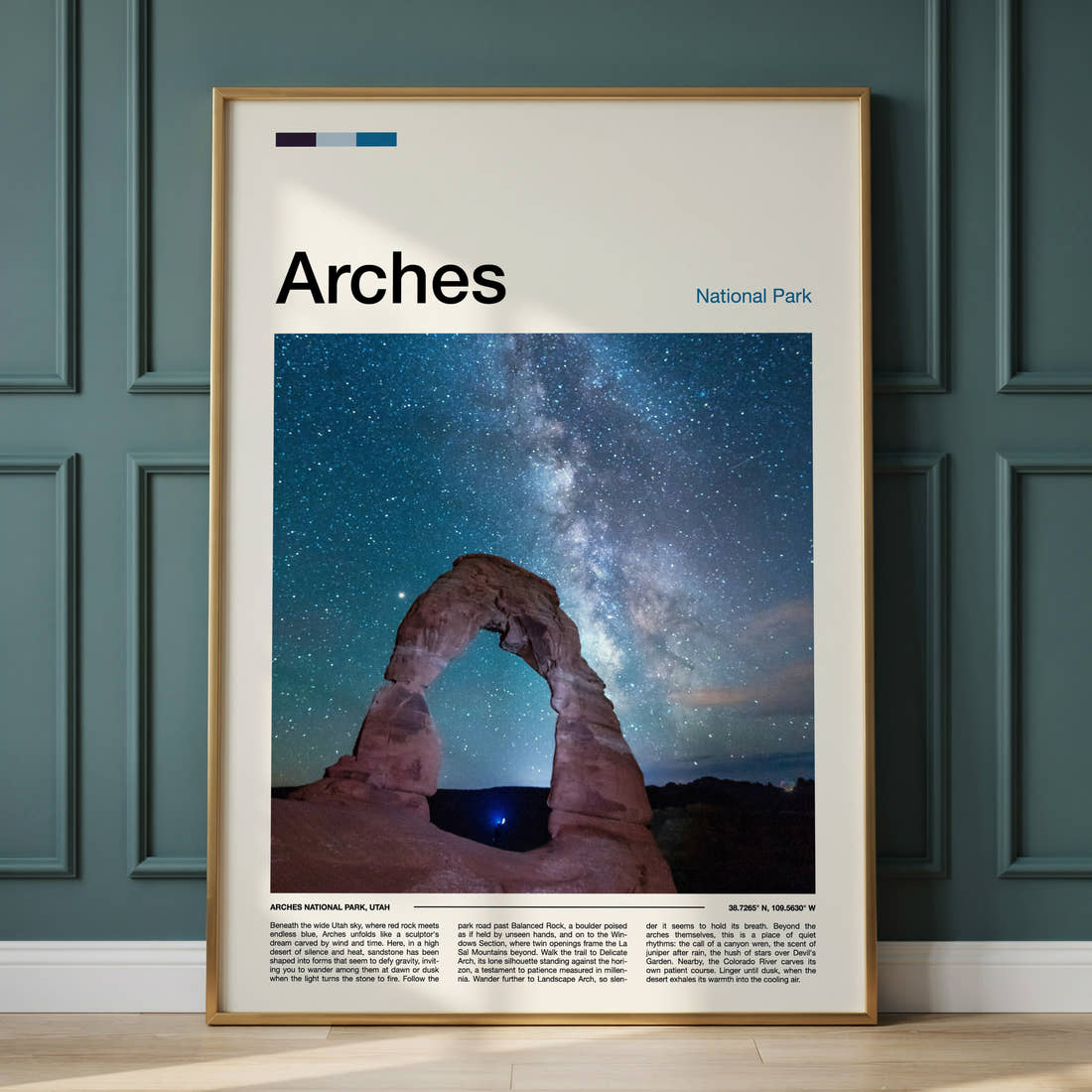 Arches Starlit Sandstone Arch Travel Print framed on the wall of a calm, neutral bedroom