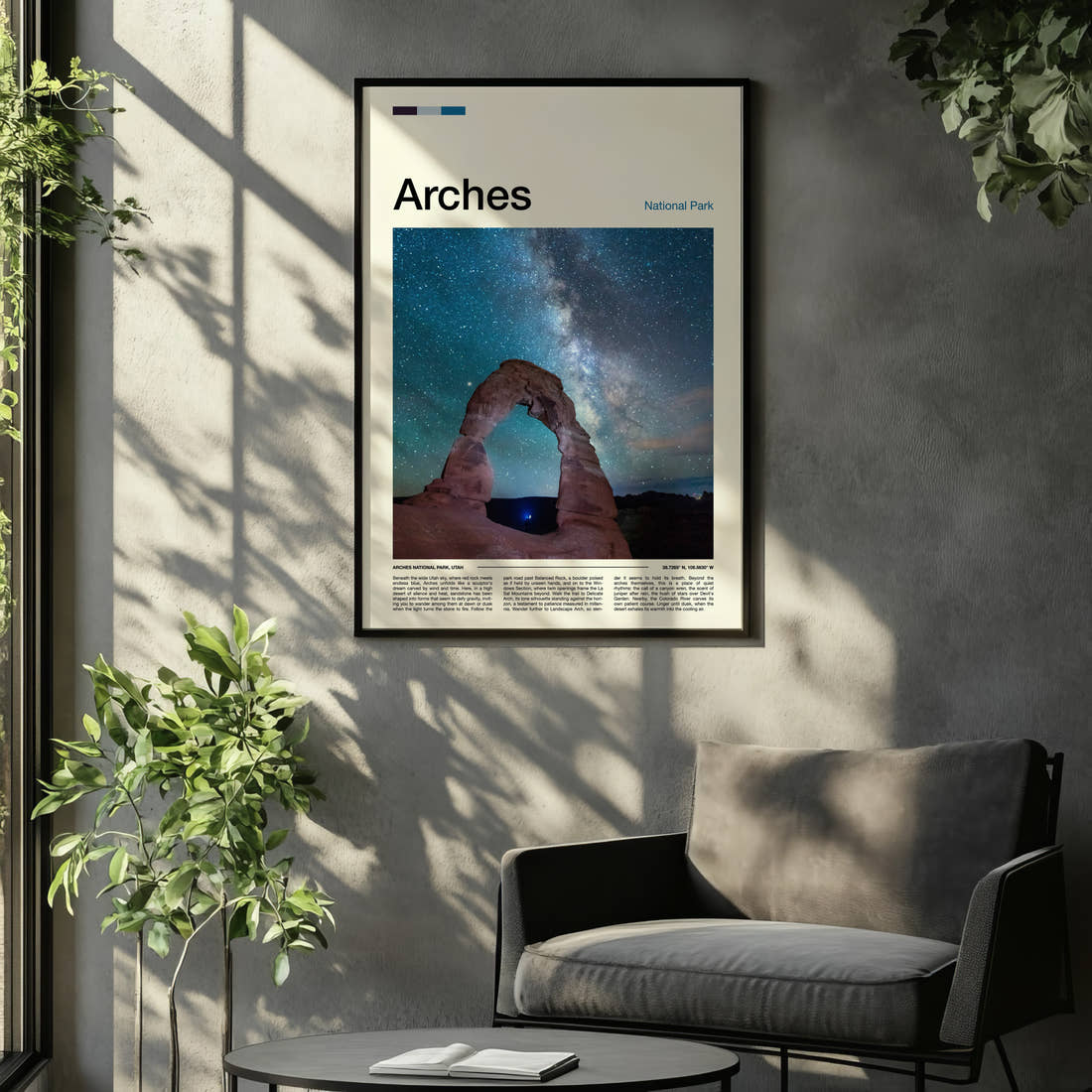 Arches Starlit Sandstone Arch Travel Print framed on the wall of a relaxed living room