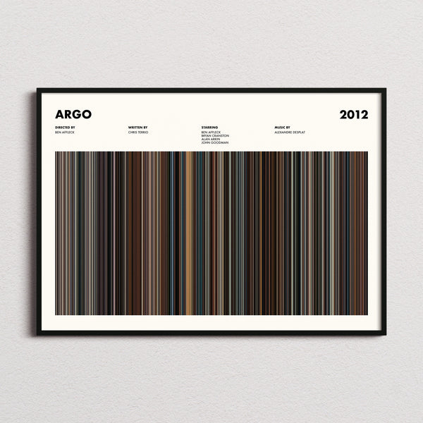 Argo Movie Barcode Poster framed and photographed straight on