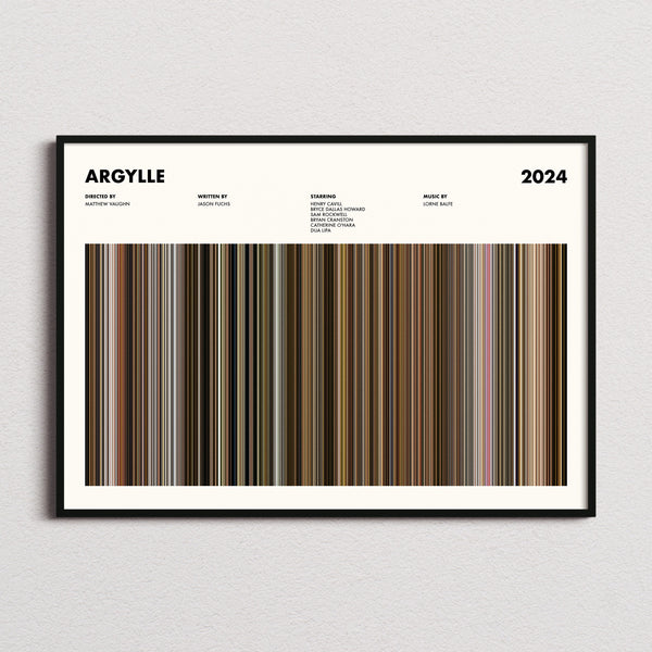 Argylle Movie Barcode Poster framed and photographed straight on