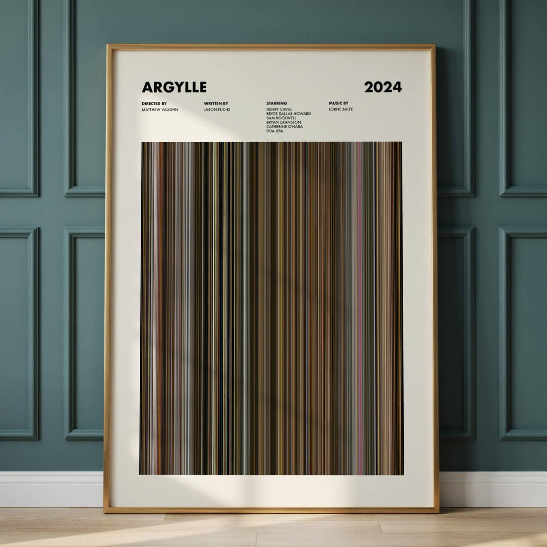 Argylle Movie Barcode Poster framed and leaning against a panelled wall