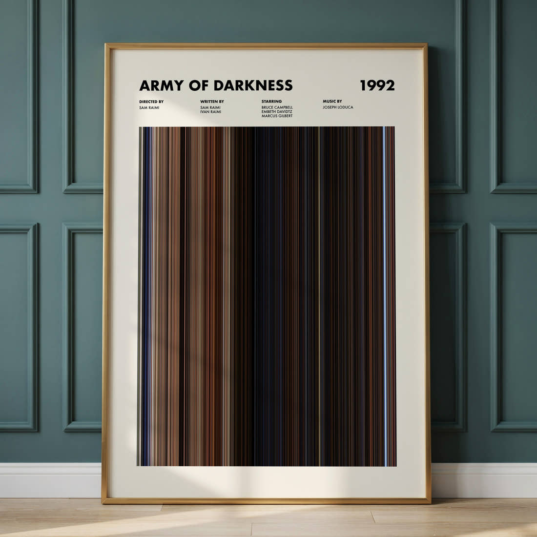 Army of Darkness Movie Barcode Poster framed and leaning against a panelled wall