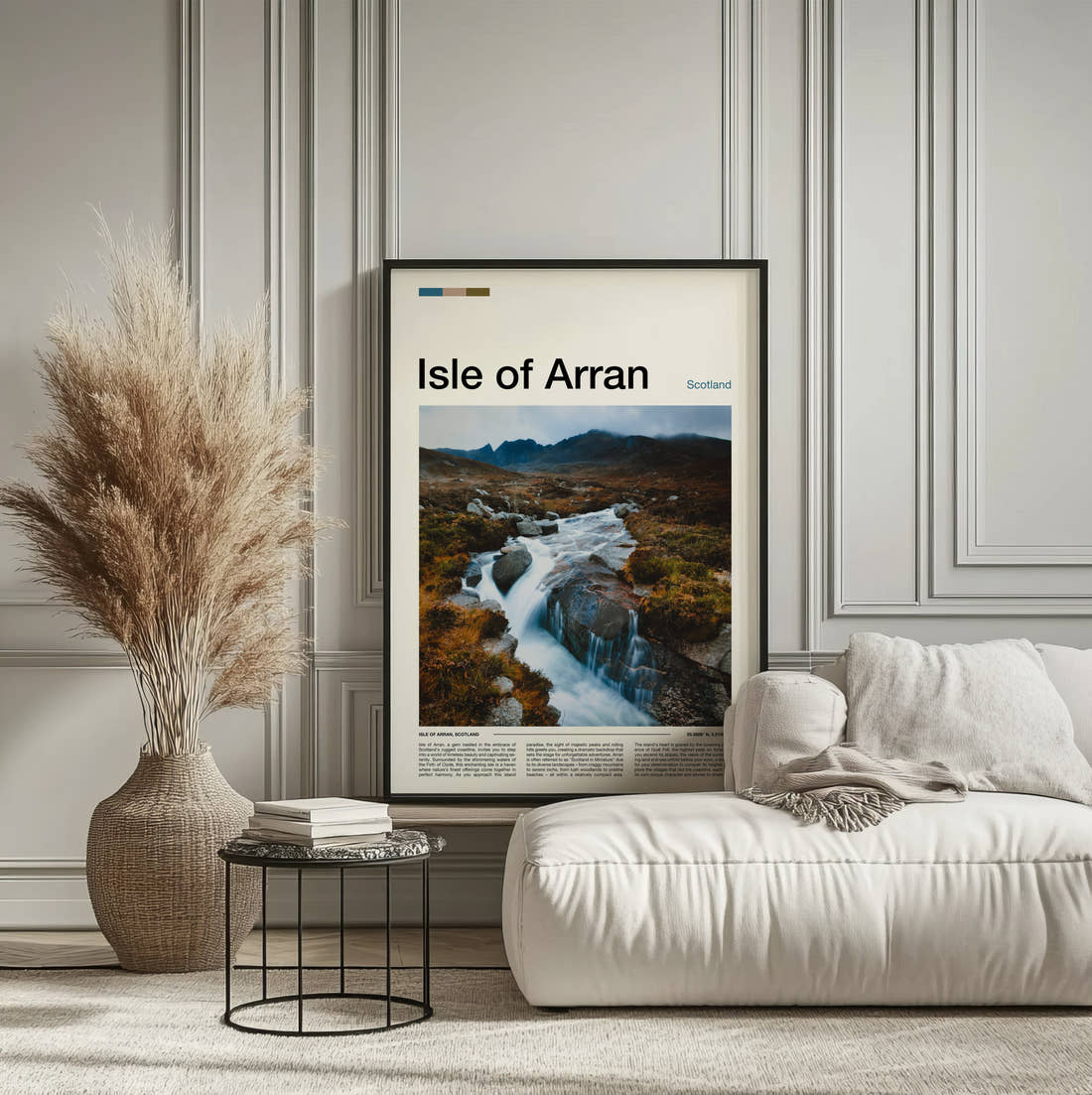 Arran Travel Print framed on the wall of a calm, neutral bedroom