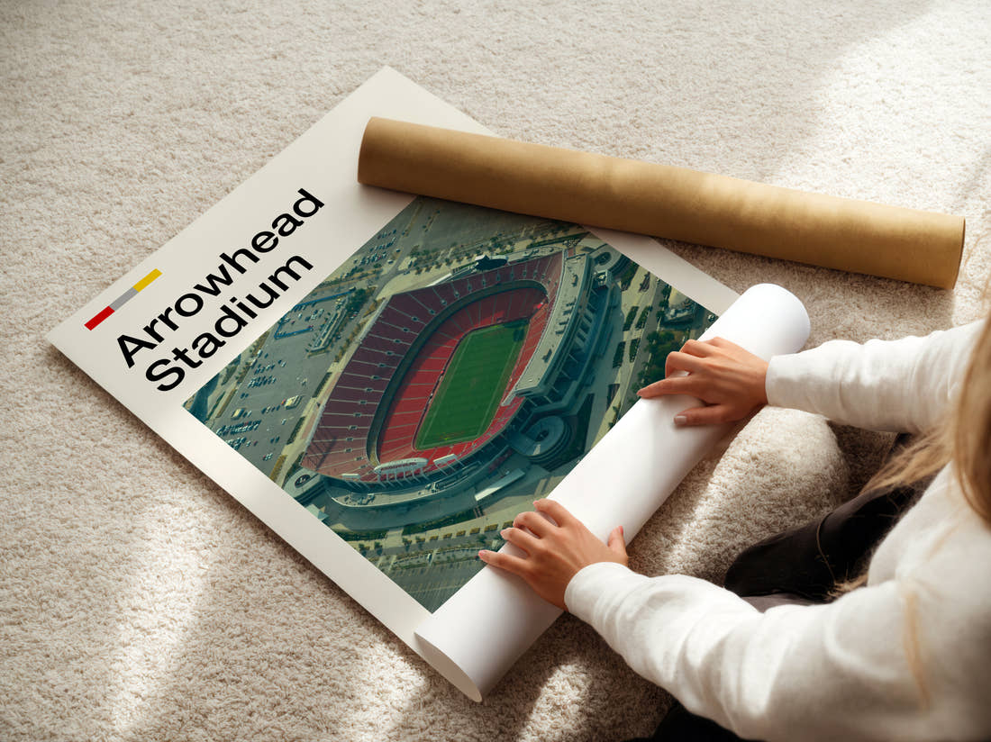 Arrowhead Stadium Print being unrolled from its postal tube
