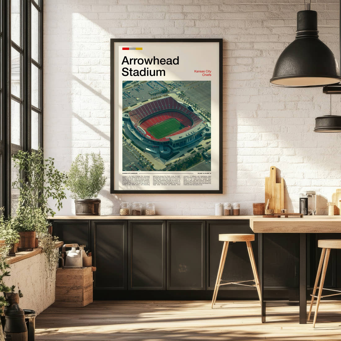 Arrowhead Stadium Print framed on the wall of a bright kitchen and dining space