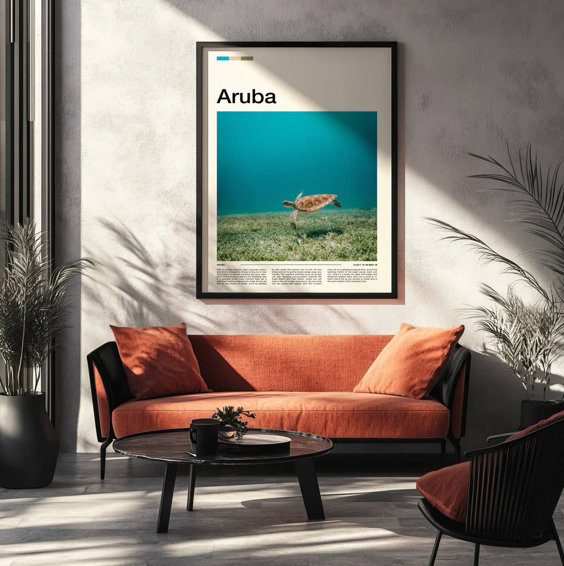 Aruba Sea Turtle Travel Print framed on the wall of a modern living room