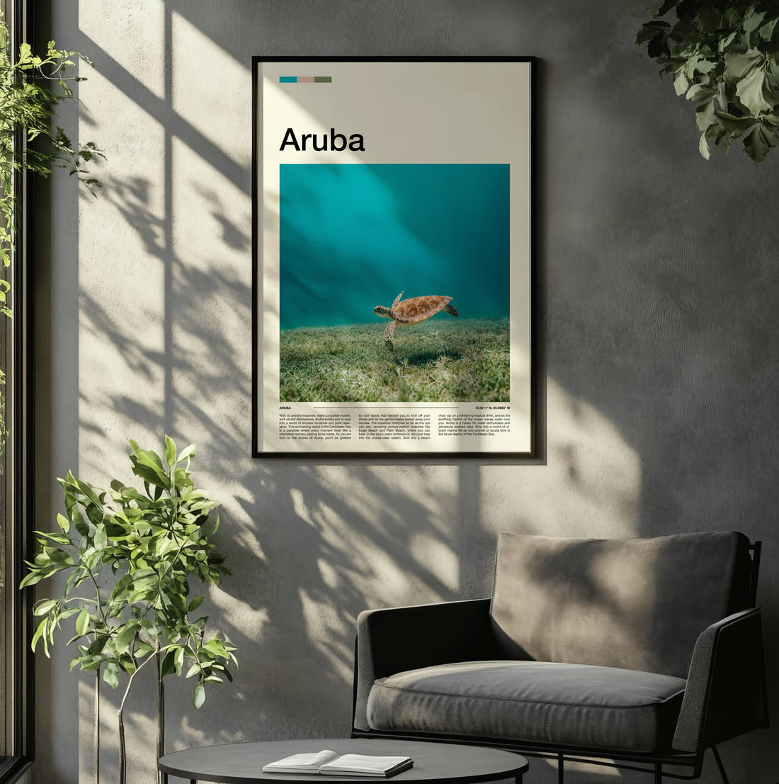 Aruba Sea Turtle Travel Print framed on the wall of a relaxed living room