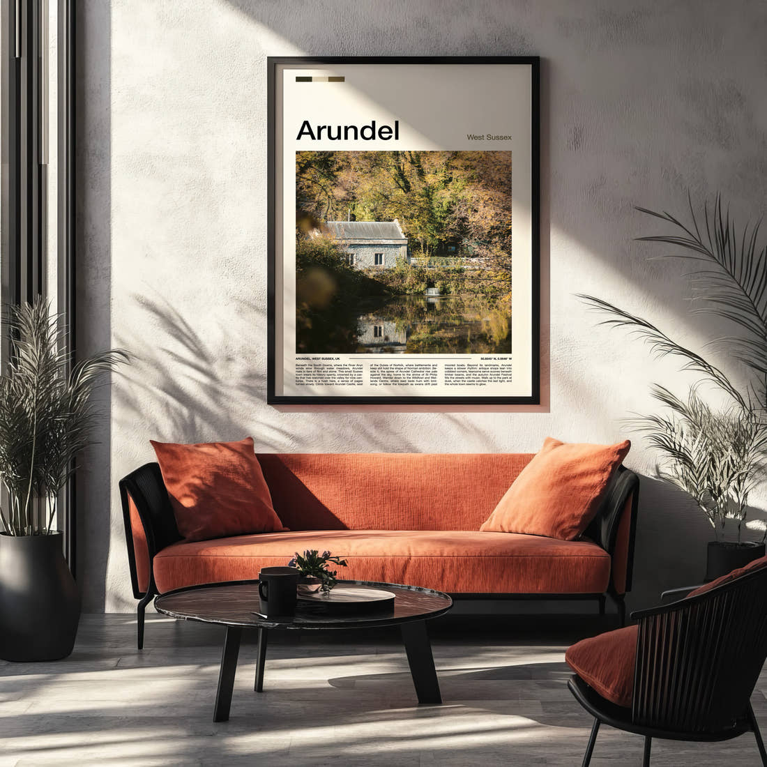 Arundel Riverside Mill Cottage Travel Print framed on the wall of a modern living room