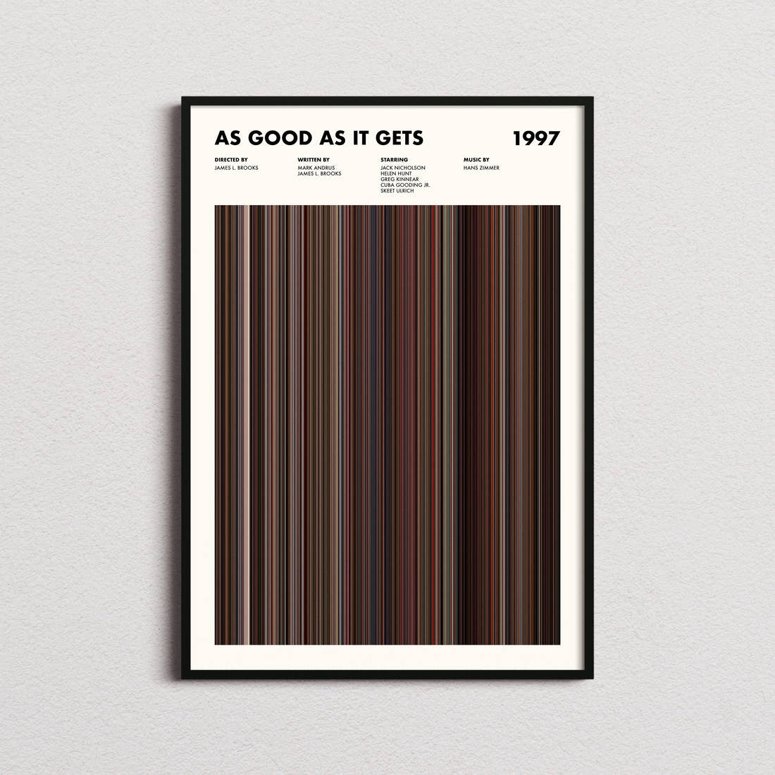 As Good As It Gets Movie Barcode Poster framed on a plain studio wall