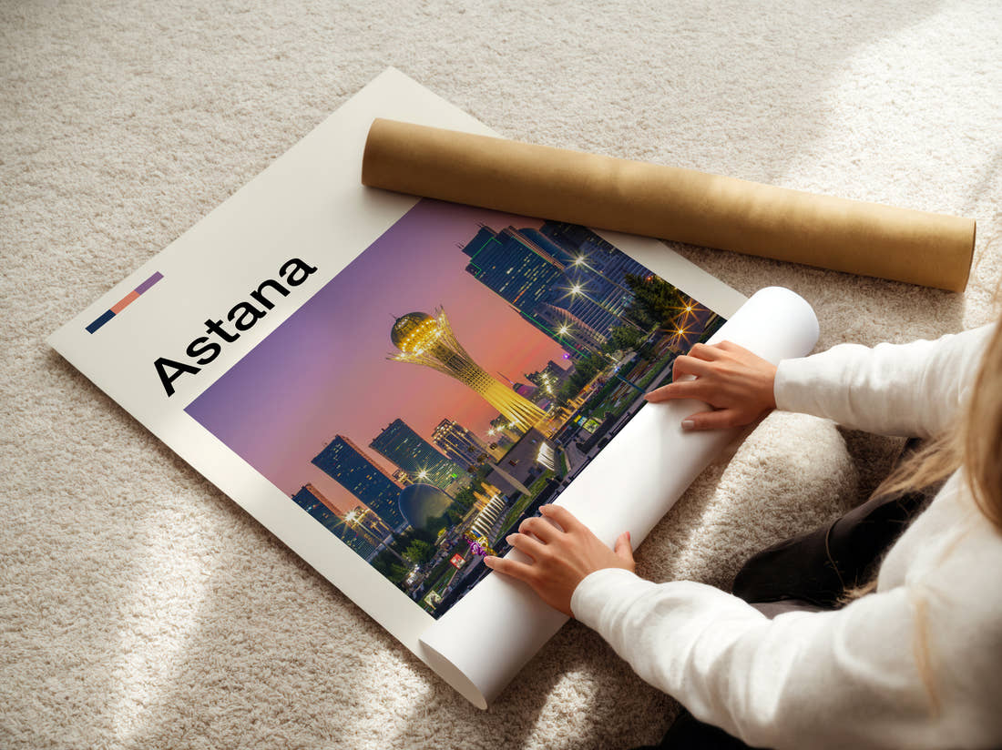 Astana Bayterek Tower Travel Print being unrolled from its postal tube