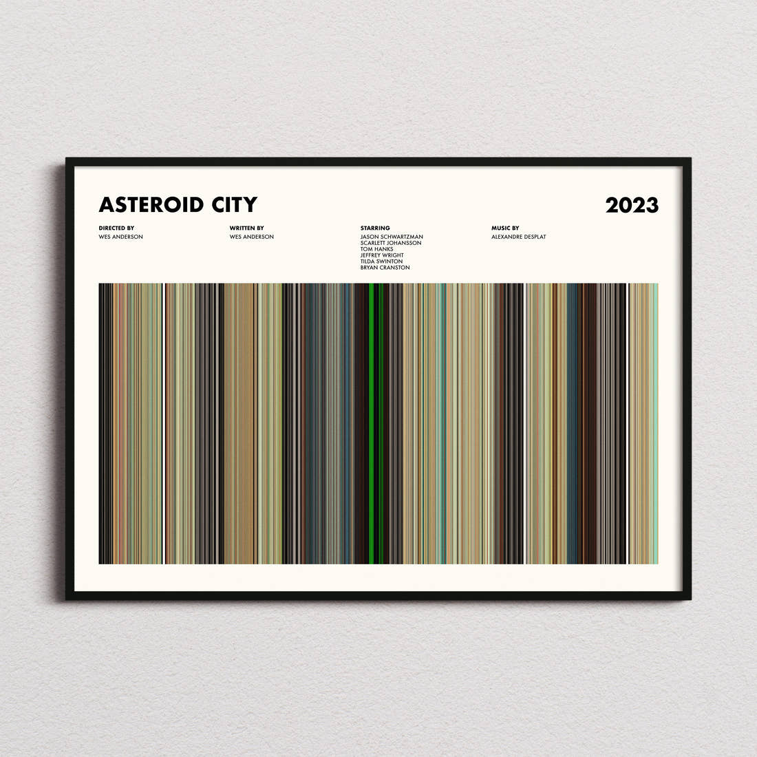 Asteroid City Movie Barcode Poster framed and photographed straight on