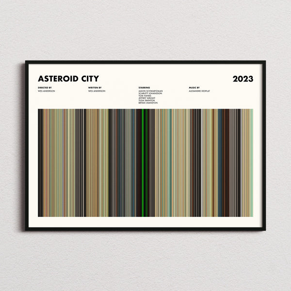 Asteroid City Movie Barcode Poster framed and photographed straight on