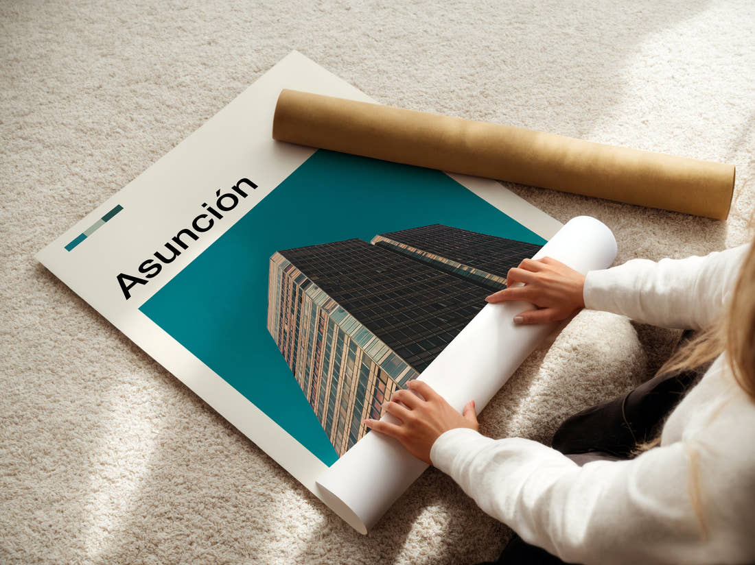Asuncion Modern Office Tower Travel Print being unrolled from its postal tube