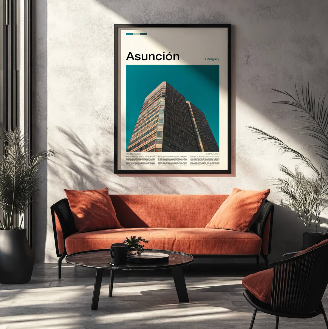 Asuncion Modern Office Tower Travel Print framed on the wall of a modern living room