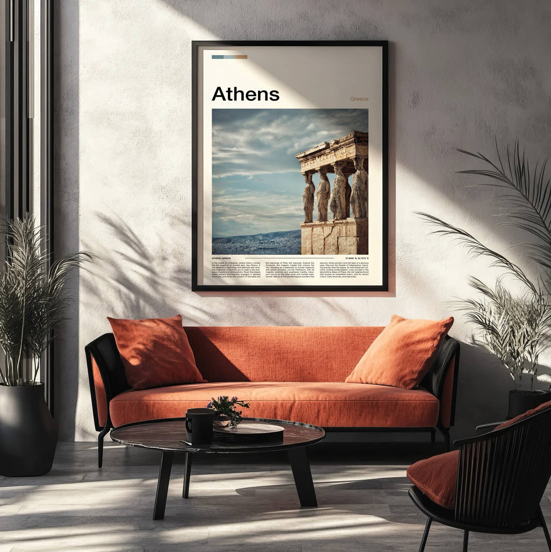 Athens Caryatids Of The Erechtheion Travel Print framed on the wall of a modern living room