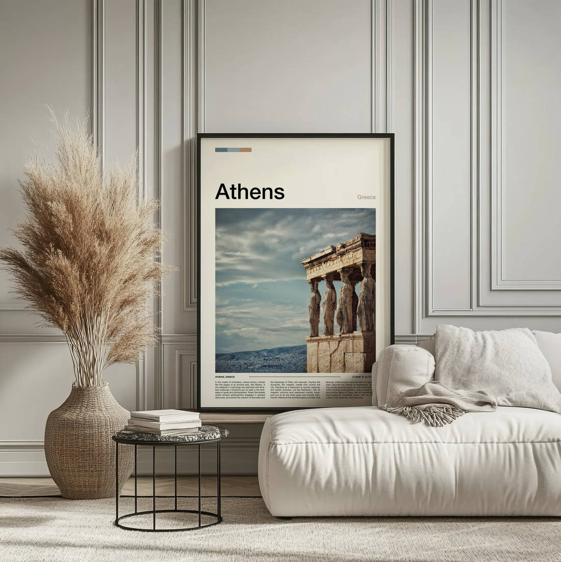 Athens Caryatids Of The Erechtheion Travel Print framed on the wall of a calm, neutral bedroom