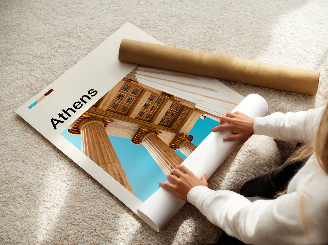 Athens Ionic Columns Travel Print being unrolled from its postal tube