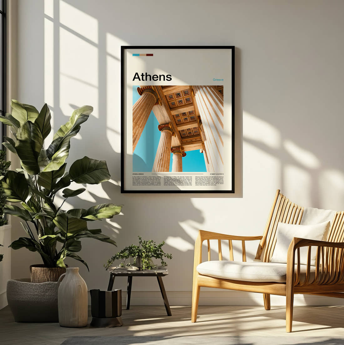 Athens Ionic Columns Travel Print framed on a pale wall beside houseplants