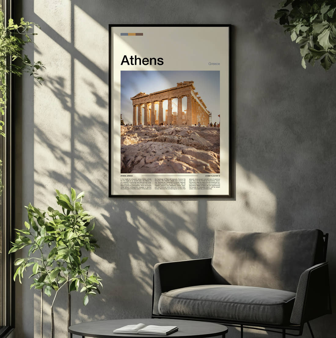 Athens The Parthenon Travel Print framed on the wall of a relaxed living room