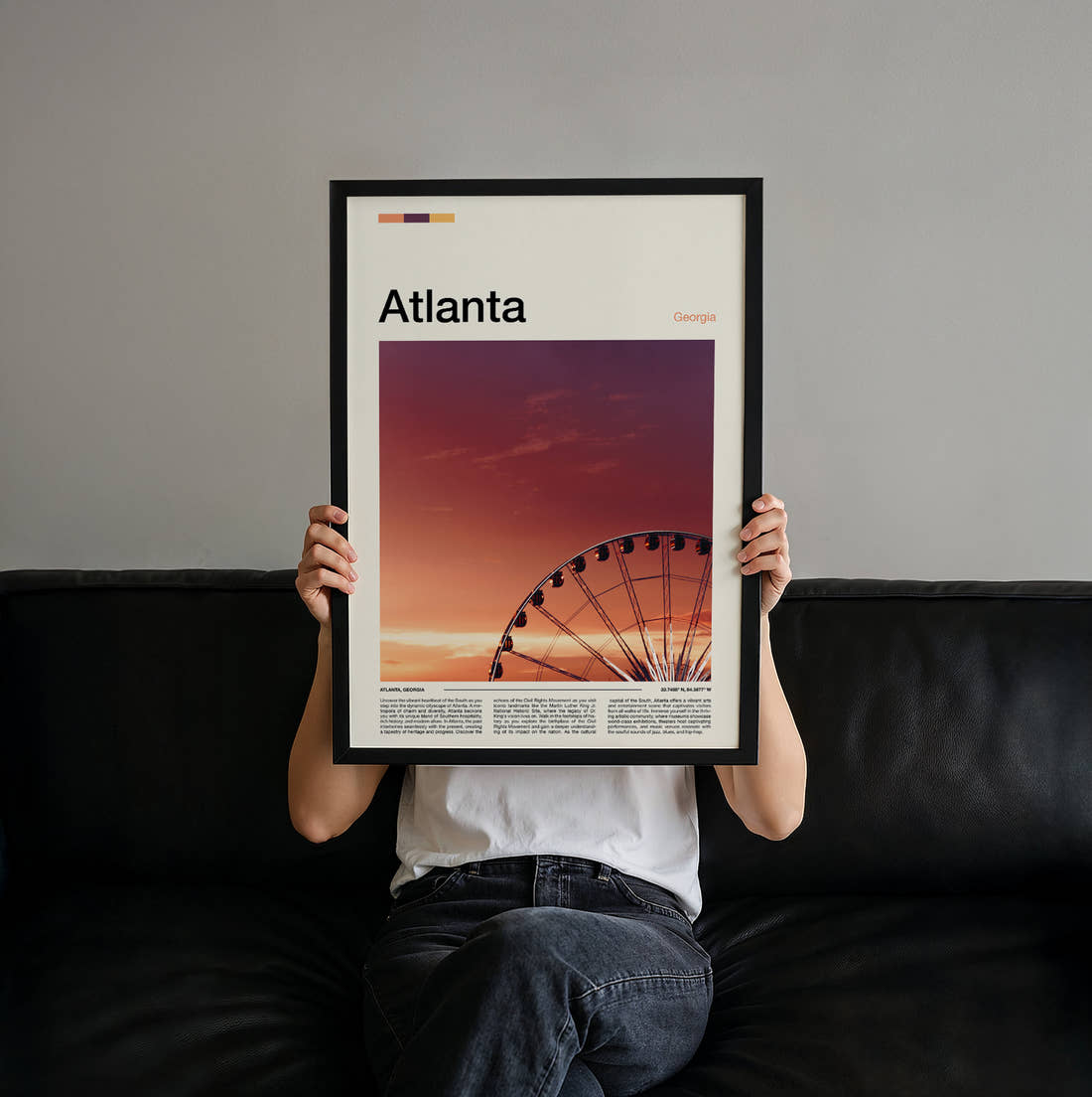 Atlanta Ferris Wheel Travel Print held up by hand to show the size of the print