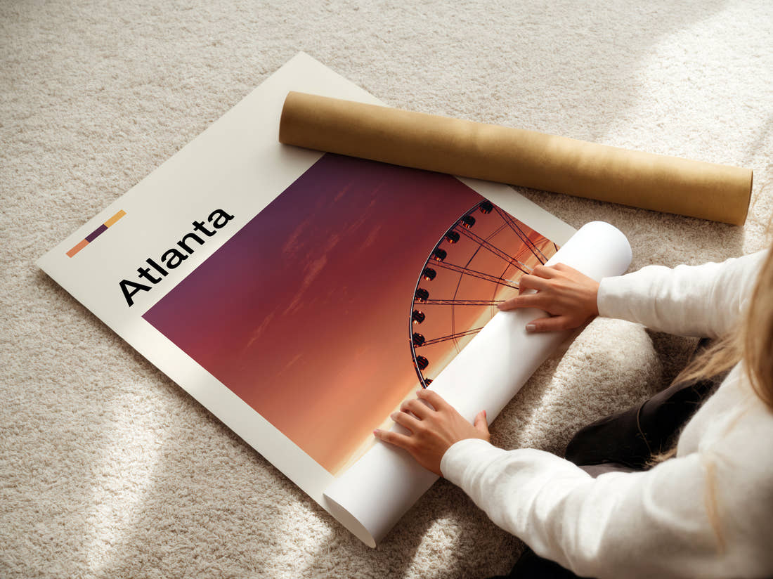 Atlanta Ferris Wheel Travel Print being unrolled from its postal tube