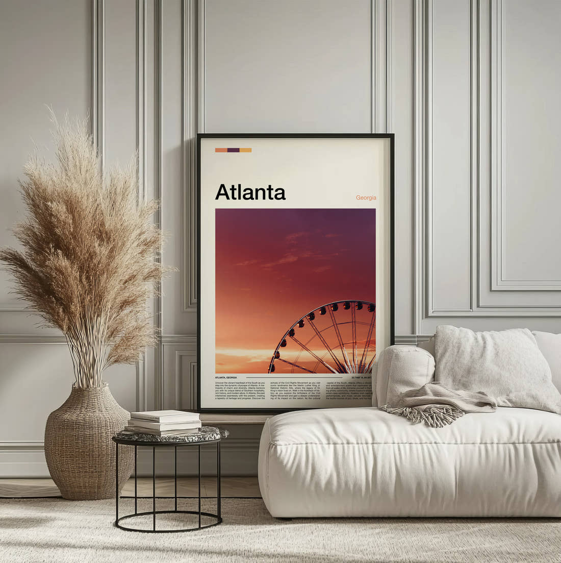 Atlanta Ferris Wheel Travel Print framed on the wall of a calm, neutral bedroom