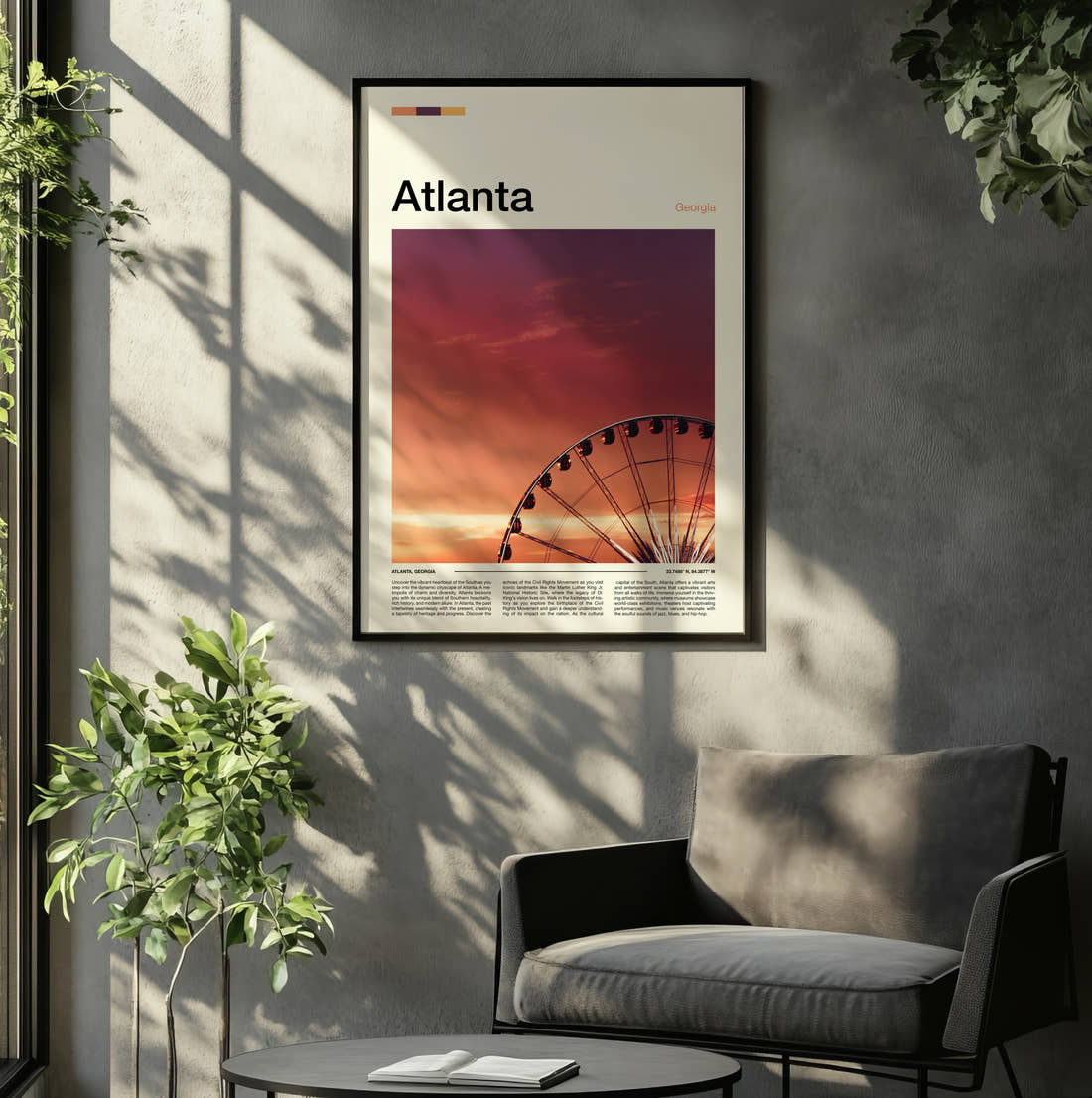 Atlanta Ferris Wheel Travel Print framed on the wall of a relaxed living room