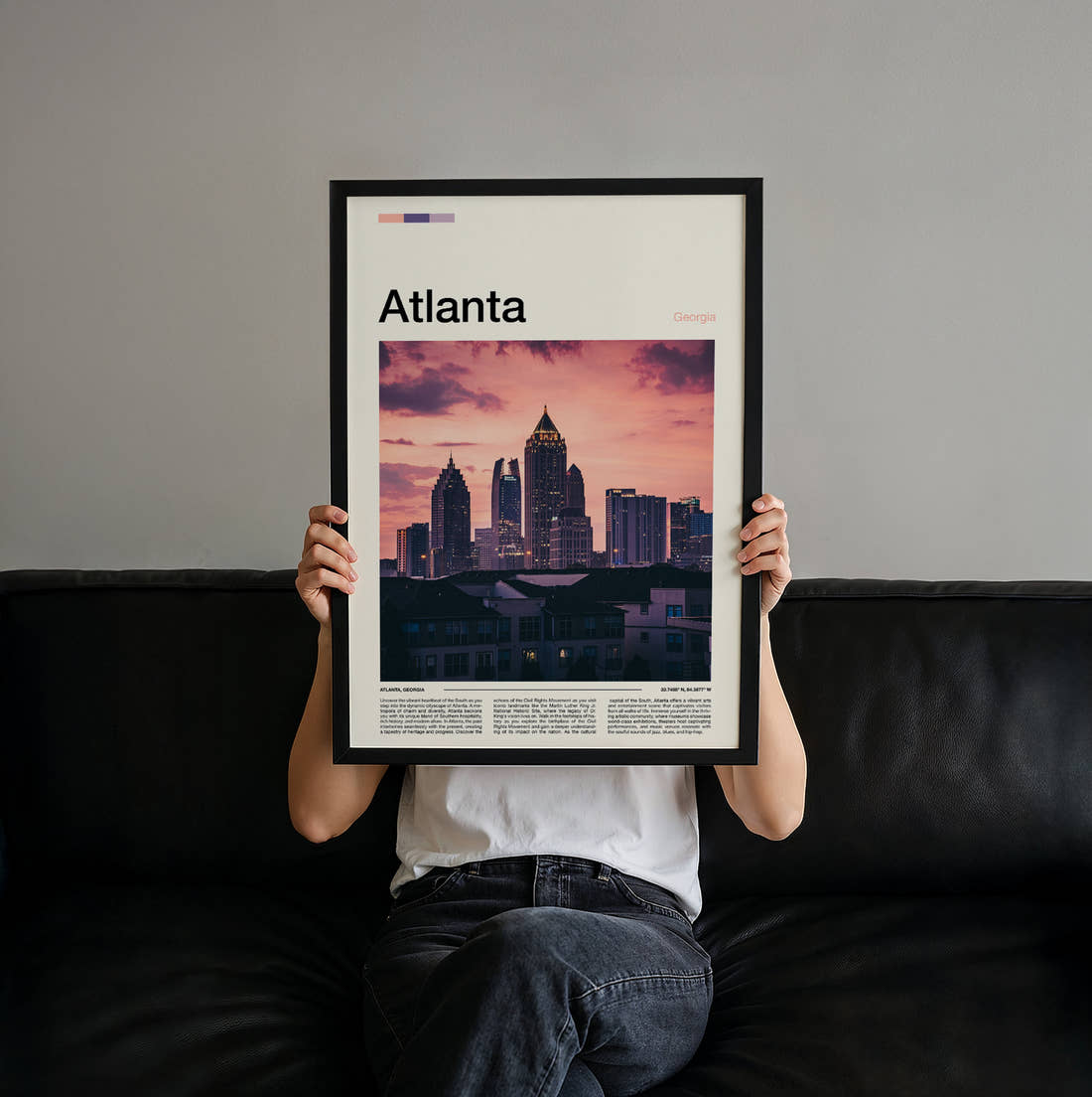 Atlanta Skyline At Dusk Travel Print held up by hand to show the size of the print
