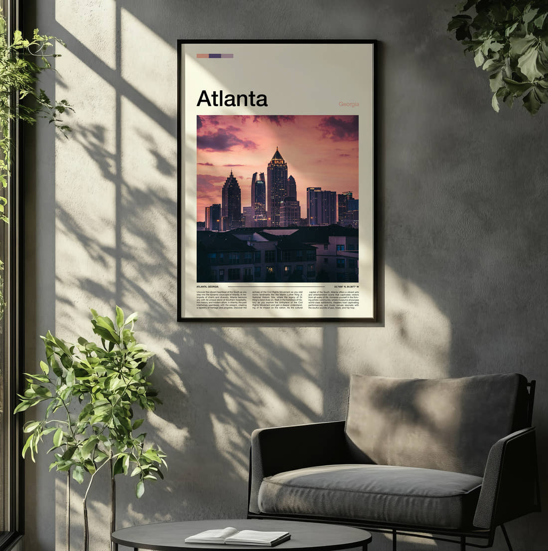 Atlanta Skyline At Dusk Travel Print framed on the wall of a relaxed living room