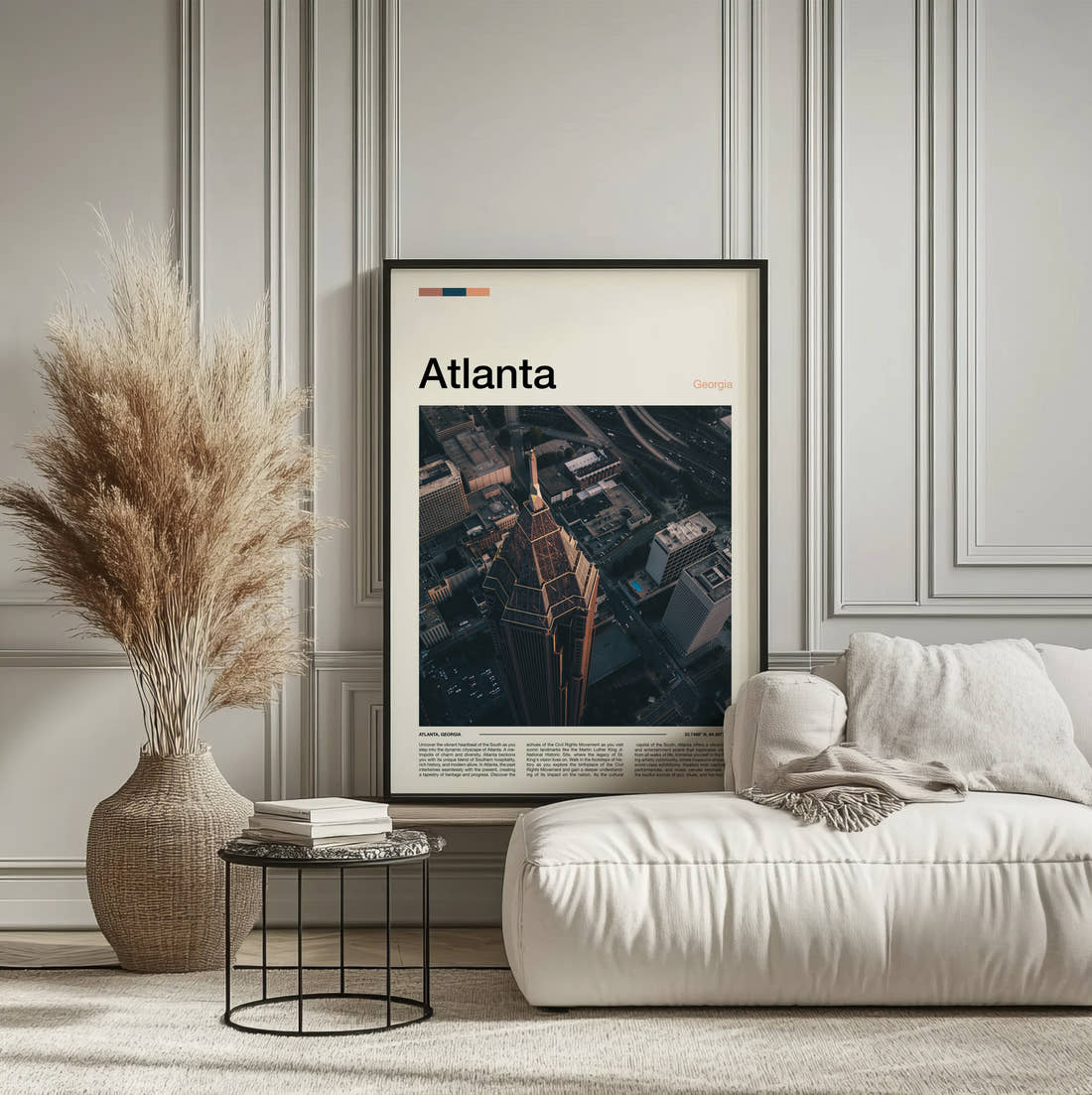 Atlanta Skyscraper From Above Travel Print framed on the wall of a calm, neutral bedroom