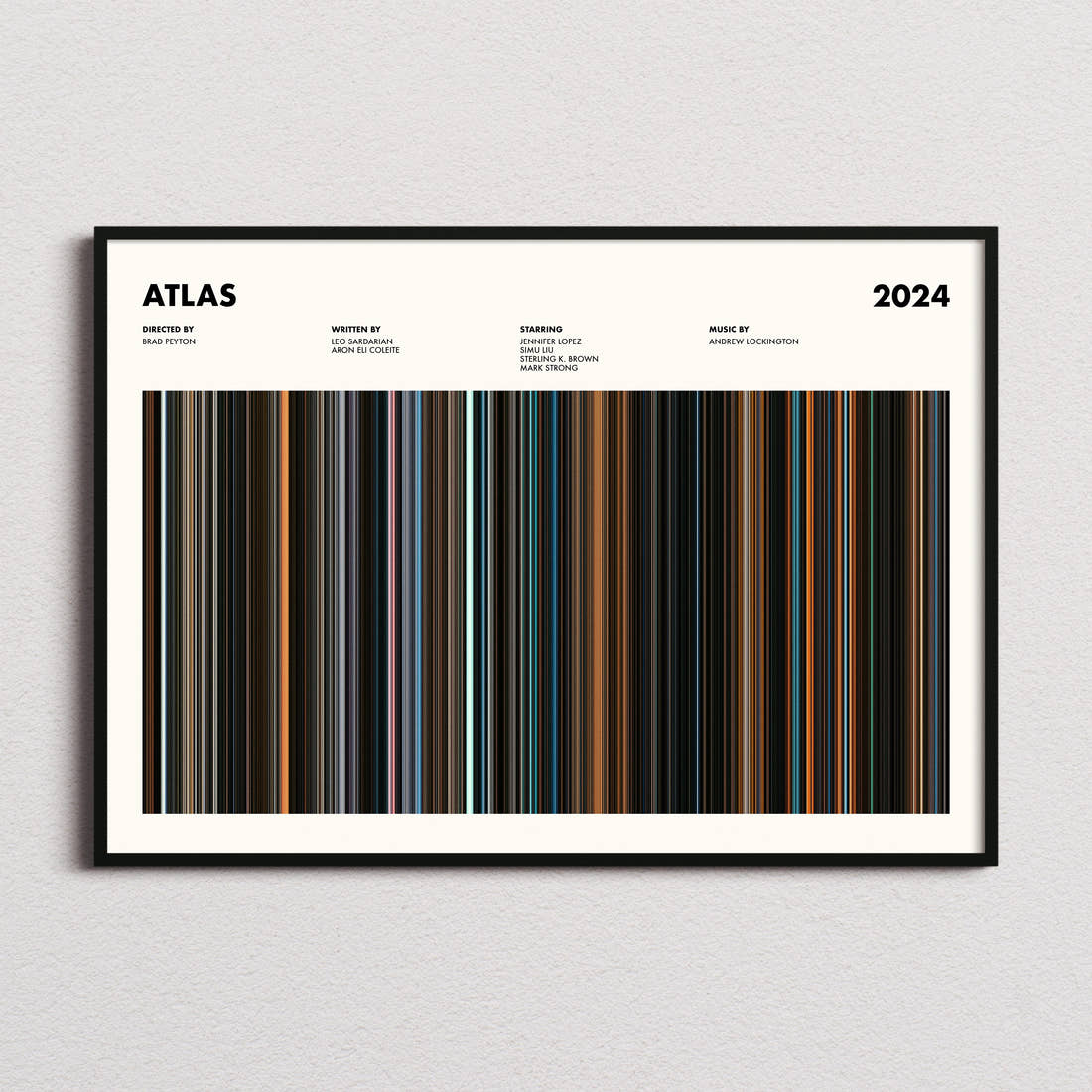 Atlas Movie Barcode Poster framed and photographed straight on