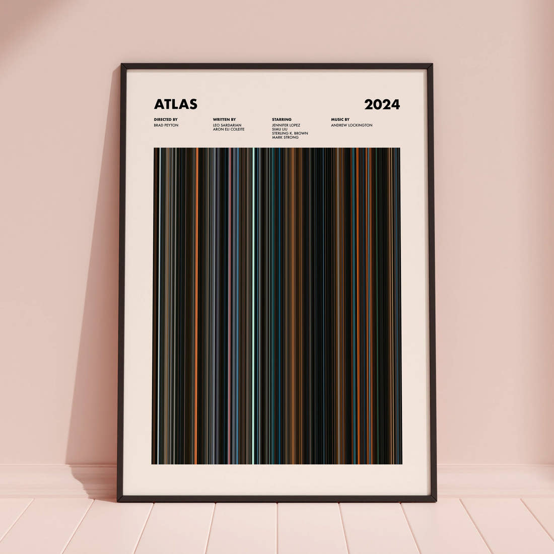 Atlas Movie Barcode Poster framed and leaning against a coloured wall