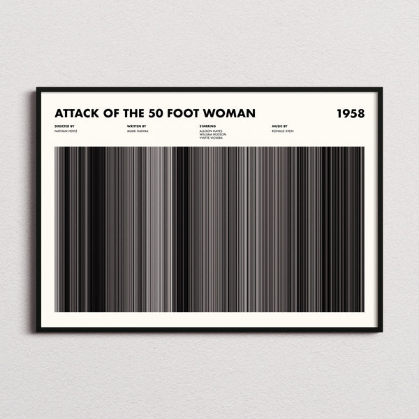 Attack of the 50 Foot Woman Movie Barcode Poster framed and photographed straight on