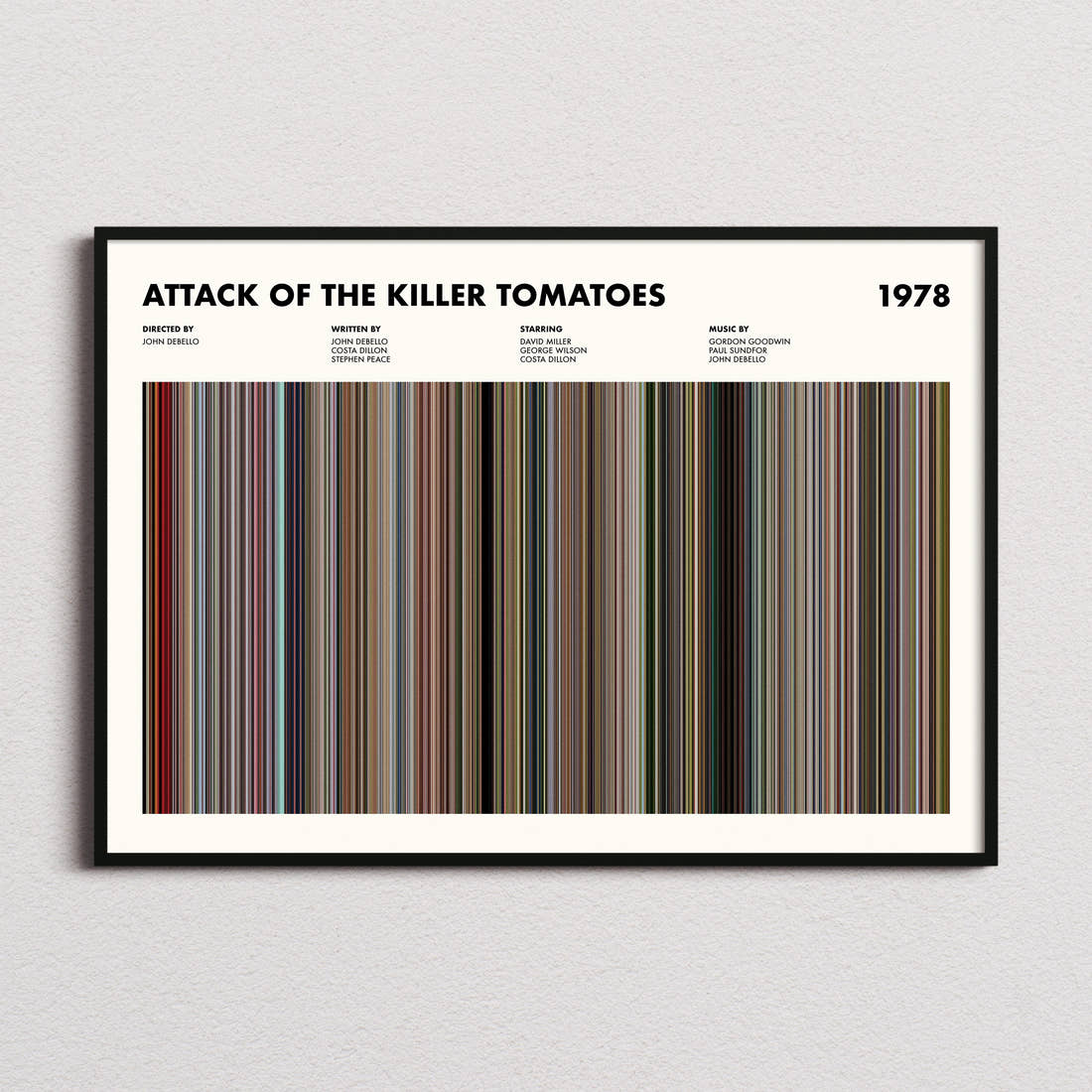 Attack of the Killer Tomatoes Movie Barcode Poster framed and photographed straight on