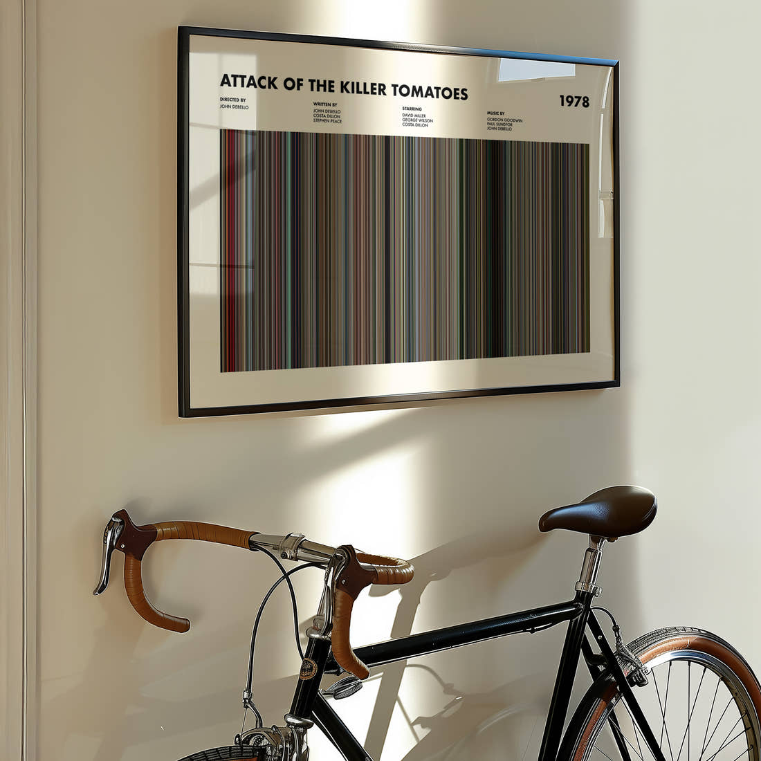 Attack of the Killer Tomatoes Movie Barcode Poster framed on the wall of a styled room setting