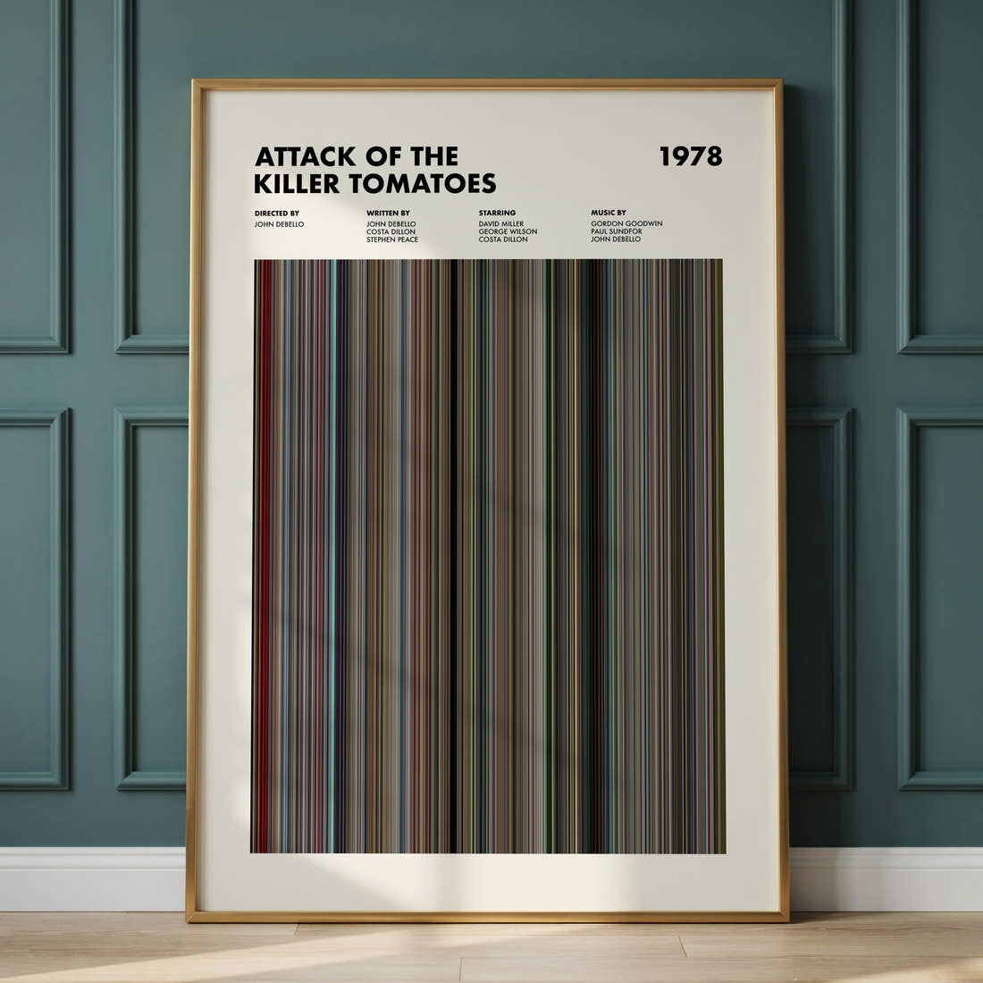 Attack of the Killer Tomatoes Movie Barcode Poster framed and leaning against a panelled wall