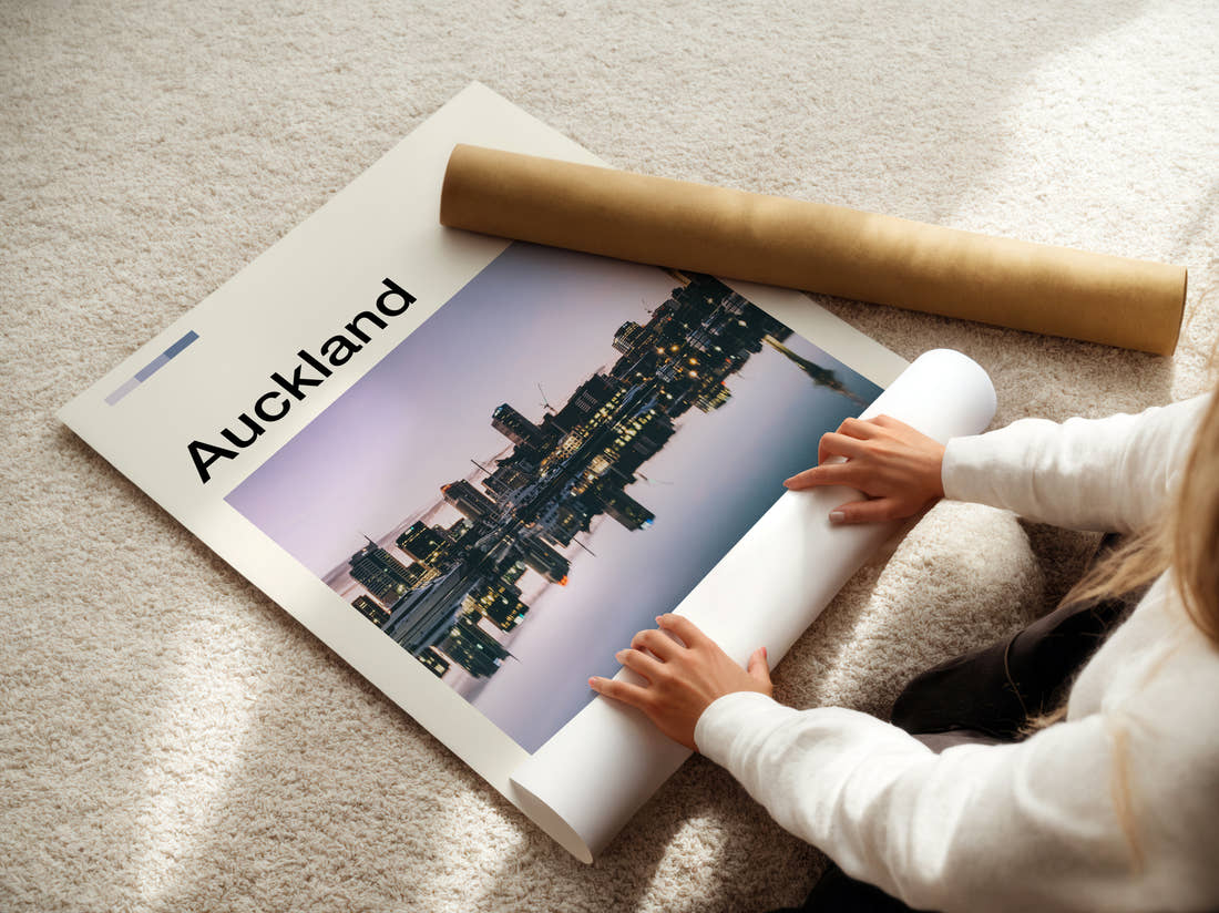 Auckland Sky Tower Reflection Travel Print being unrolled from its postal tube