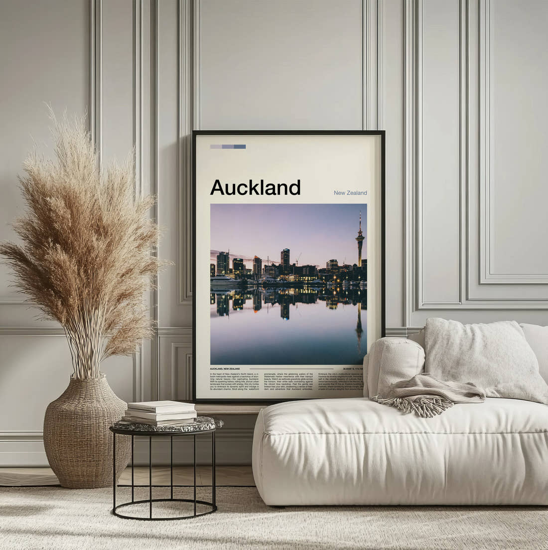 Auckland Sky Tower Reflection Travel Print framed on the wall of a calm, neutral bedroom