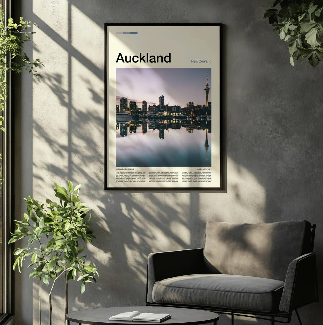 Auckland Sky Tower Reflection Travel Print framed on the wall of a relaxed living room