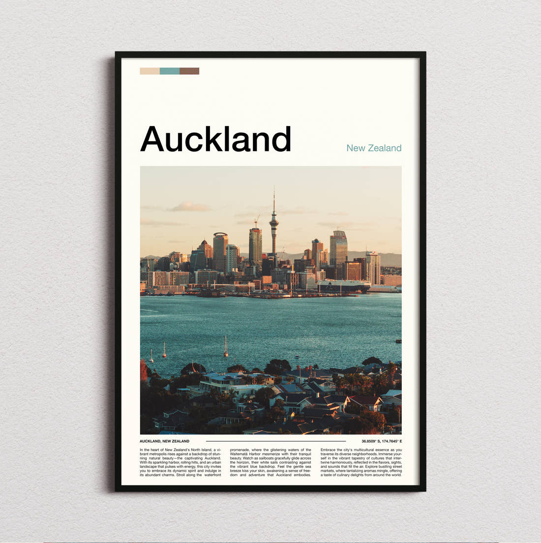 Auckland Sky Tower And Waterfront Travel Print framed and photographed straight on