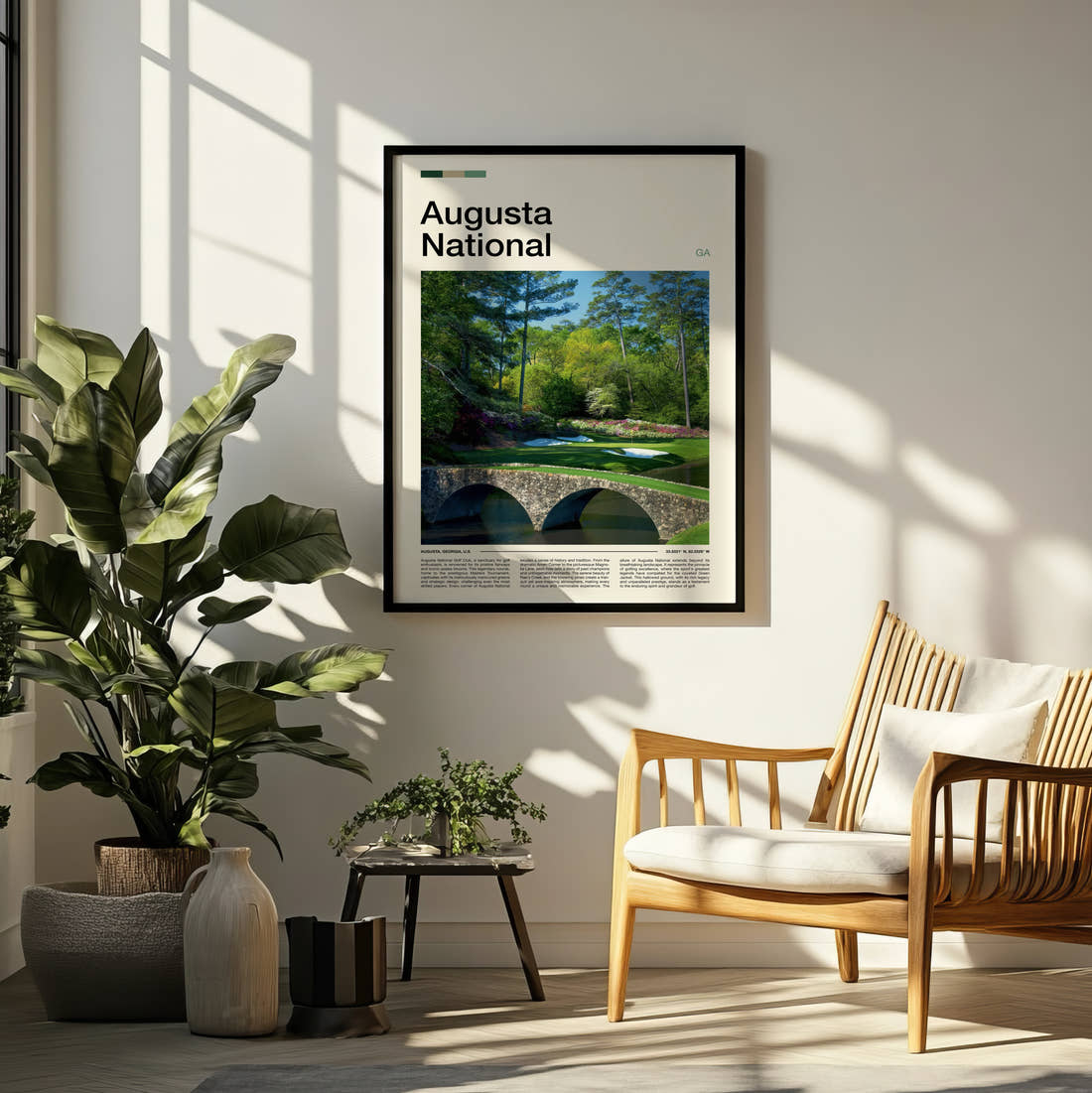 Augusta National Golf Course Print framed on a pale wall beside houseplants