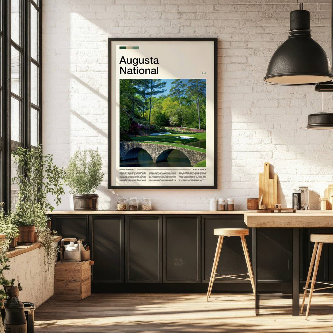 Augusta National Golf Course Print framed on the wall of a bright kitchen and dining space