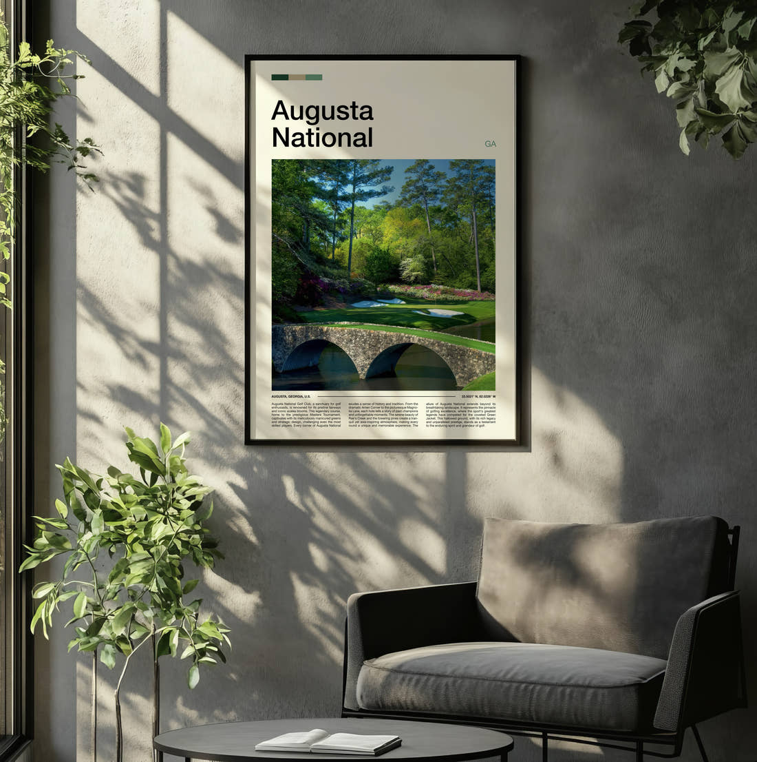Augusta National Golf Course Print framed on the wall of a relaxed living room