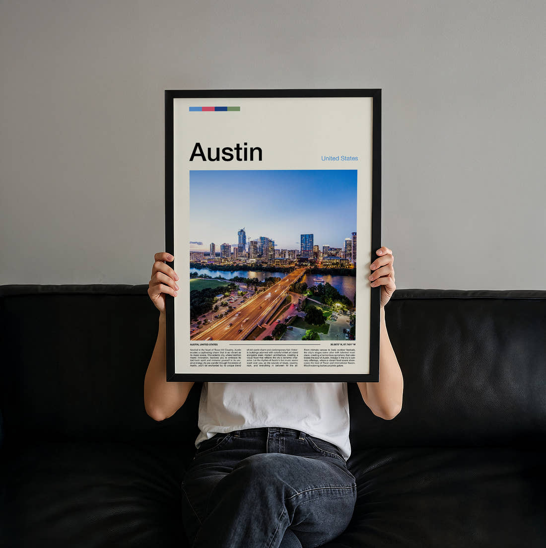 Austin Bridge And City Skyline Travel Print held up by hand to show the size of the print