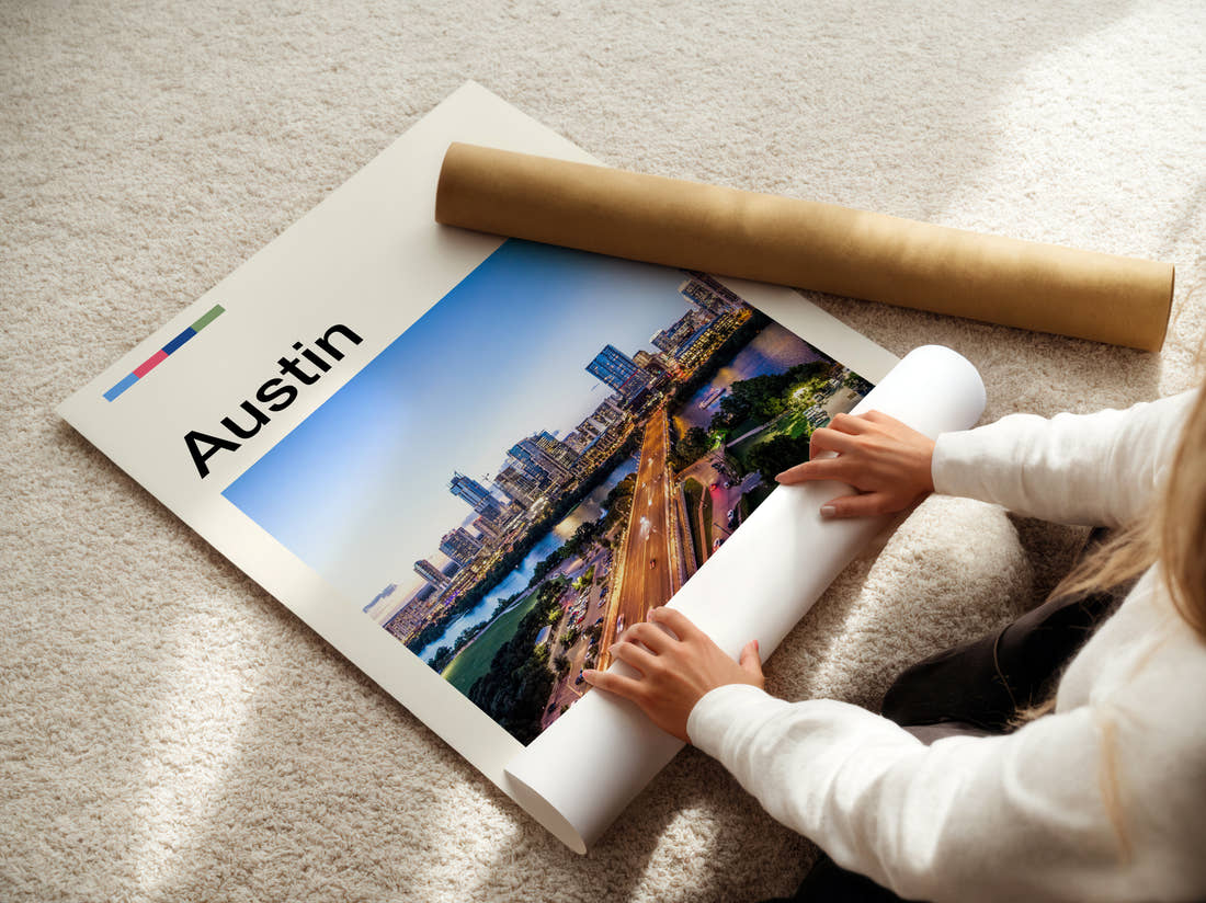 Austin Bridge And City Skyline Travel Print being unrolled from its postal tube