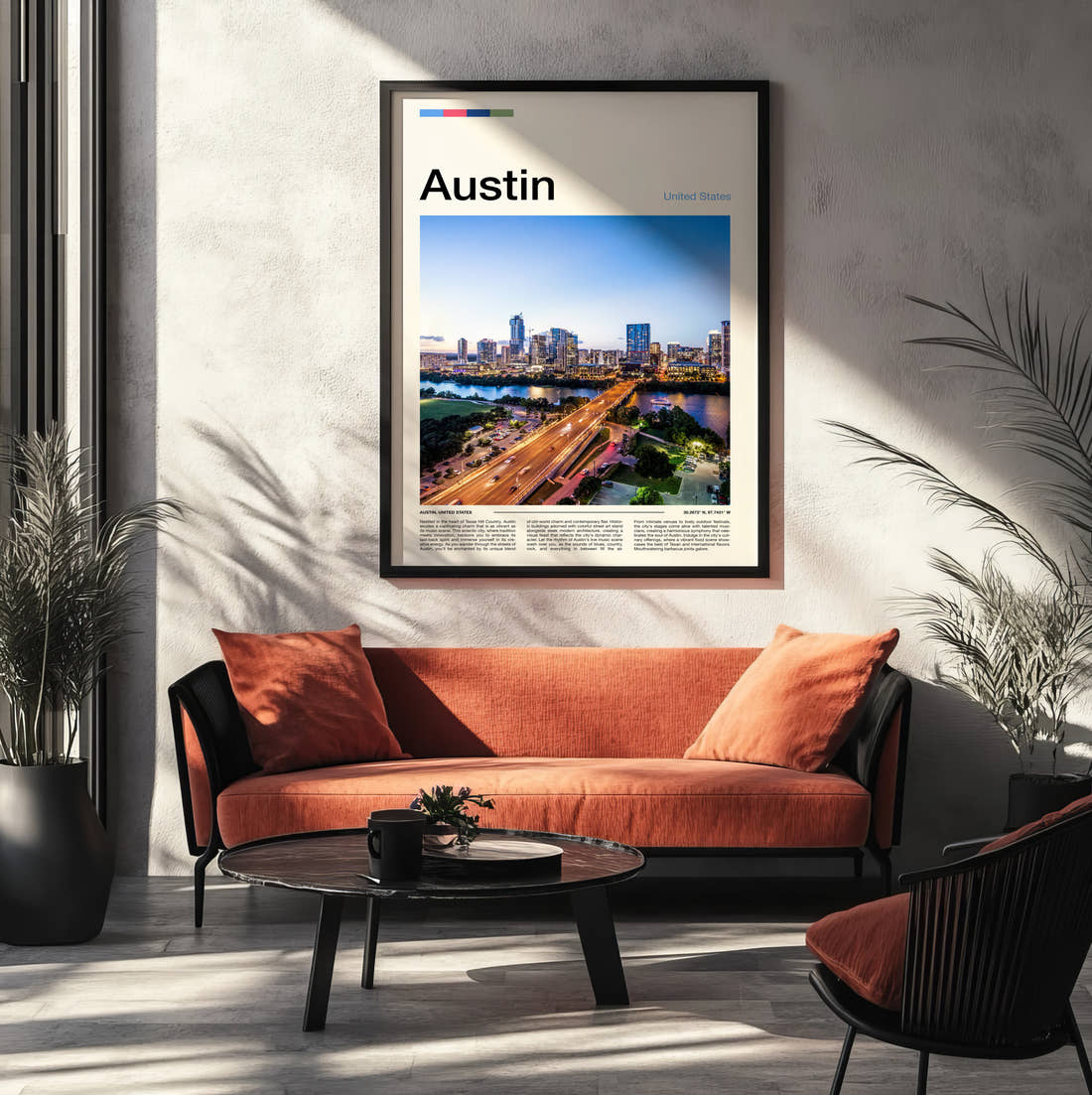 Austin Bridge And City Skyline Travel Print framed on the wall of a modern living room