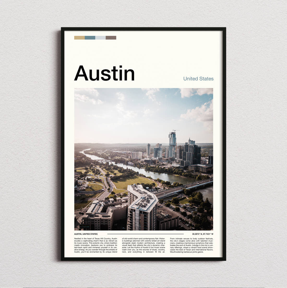Austin Aerial City View Travel Print framed and photographed straight on