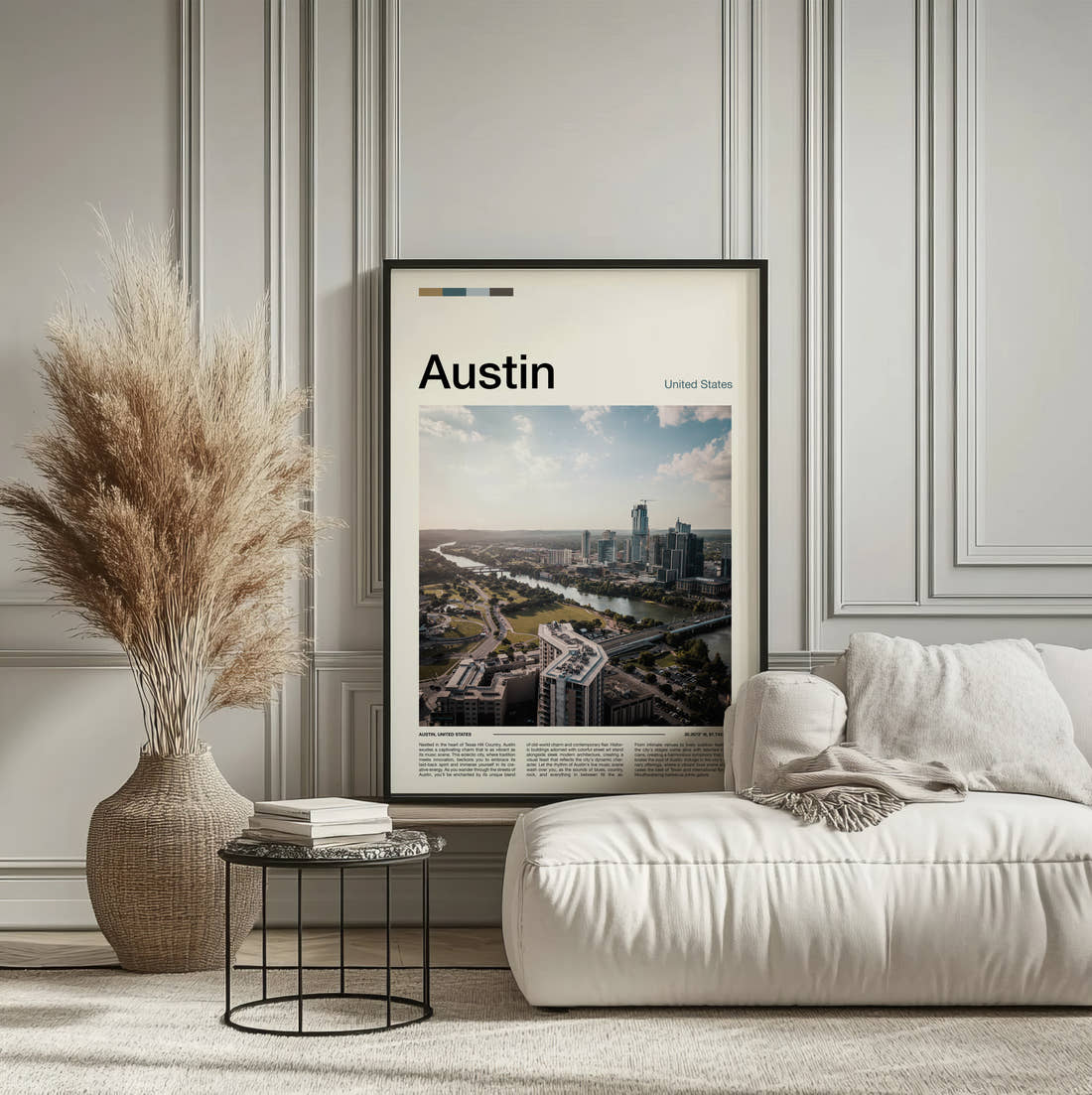 Austin Aerial City View Travel Print framed on the wall of a calm, neutral bedroom