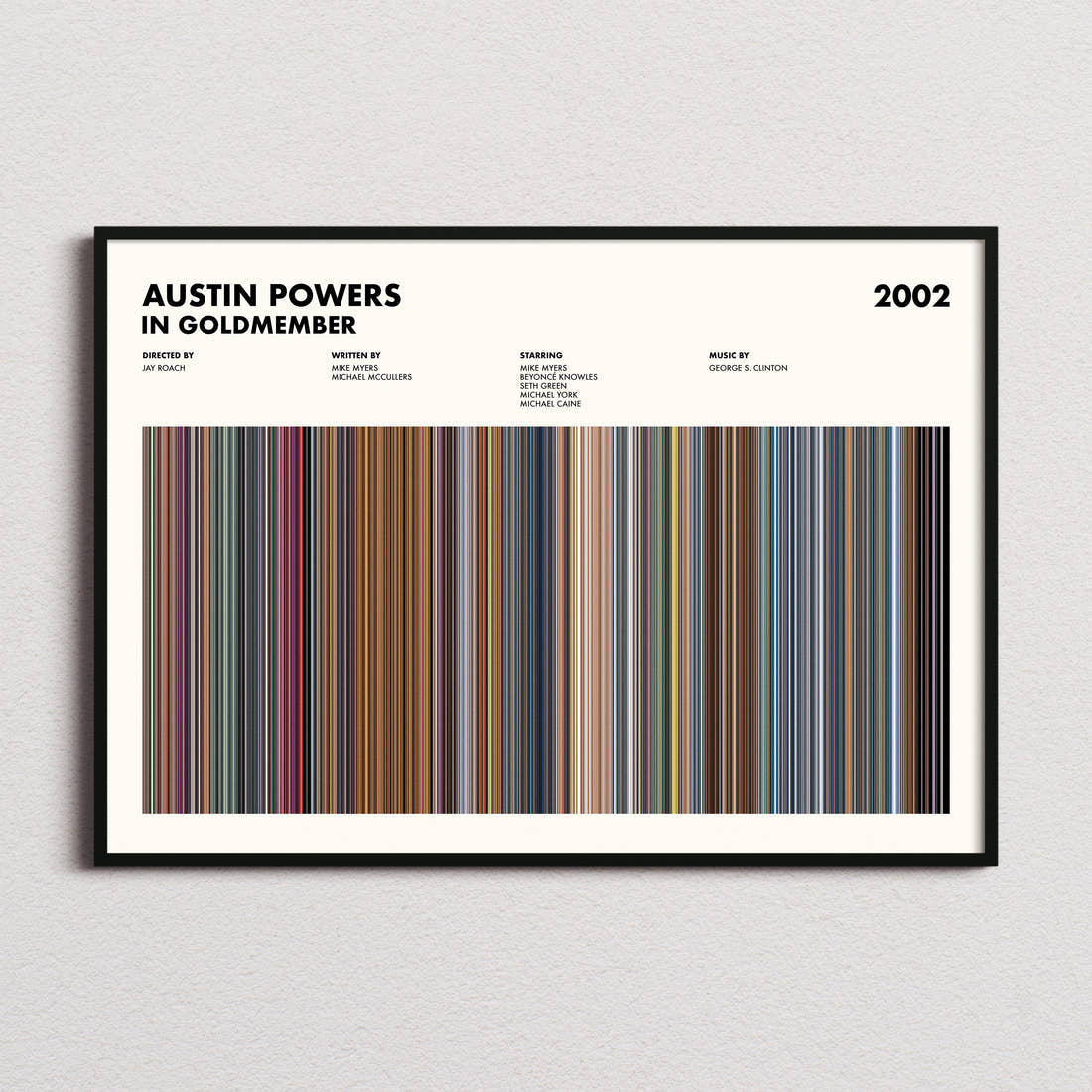 Austin Powers in Goldmember Movie Barcode Poster framed and photographed straight on