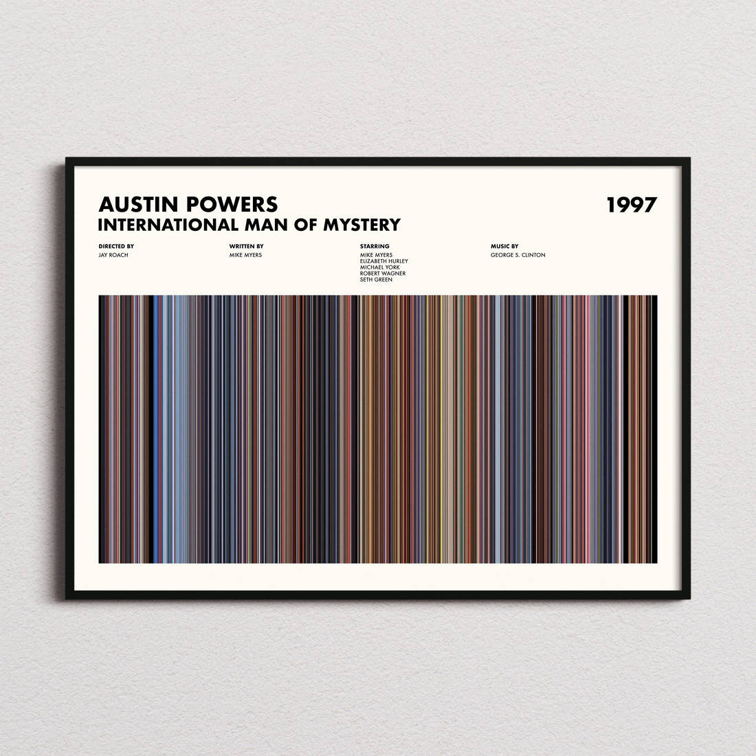 Austin Powers: International Man of Mystery Movie Barcode Poster framed and photographed straight on